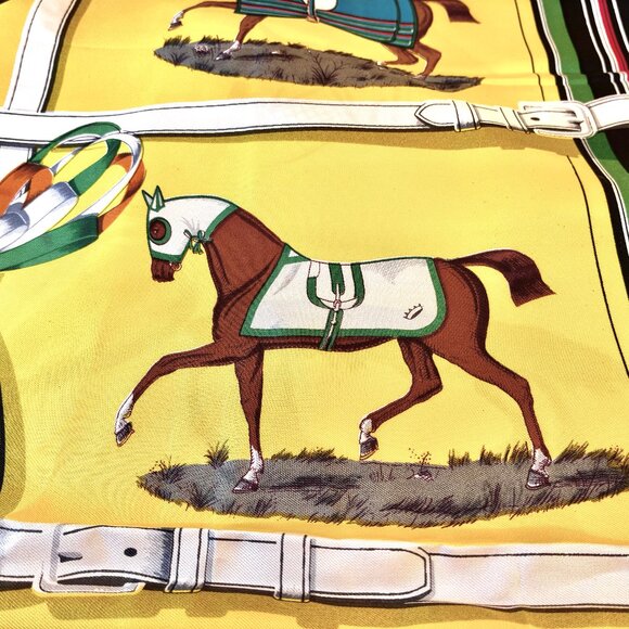Hermes Paris 70's Scarf Yellow Silk Horses Couvertures Et Tenues De Jour New Box - Picture 9 of 16